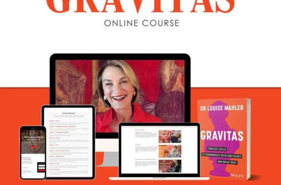 image of dr louise mahler with gravitas for leadership and an image of her gravitas book on an orange background