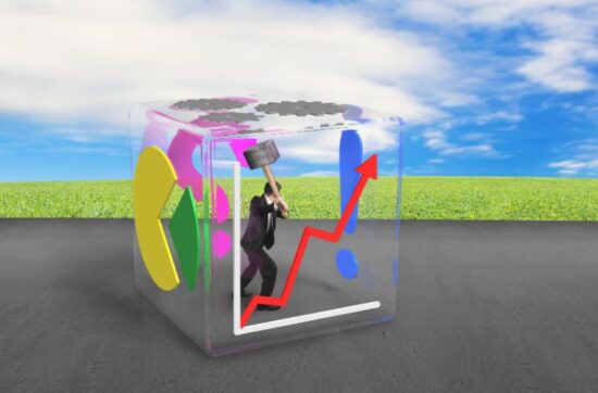 image of a person stuck inside a clear box with graphics drawn on it against a blue sky and green field for leadership communication